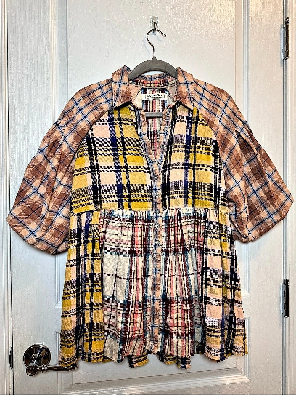 Free People We The Free Patchwork Plaid Babydoll Button Down Top XS